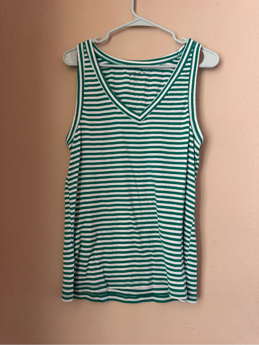 Loft Sleeveless V-Neck Green and White Striped Tank Top